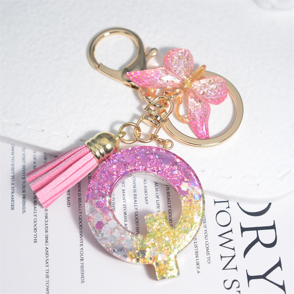 Resin Keychain, Round Shape, With Glittering Letters, Real Pink